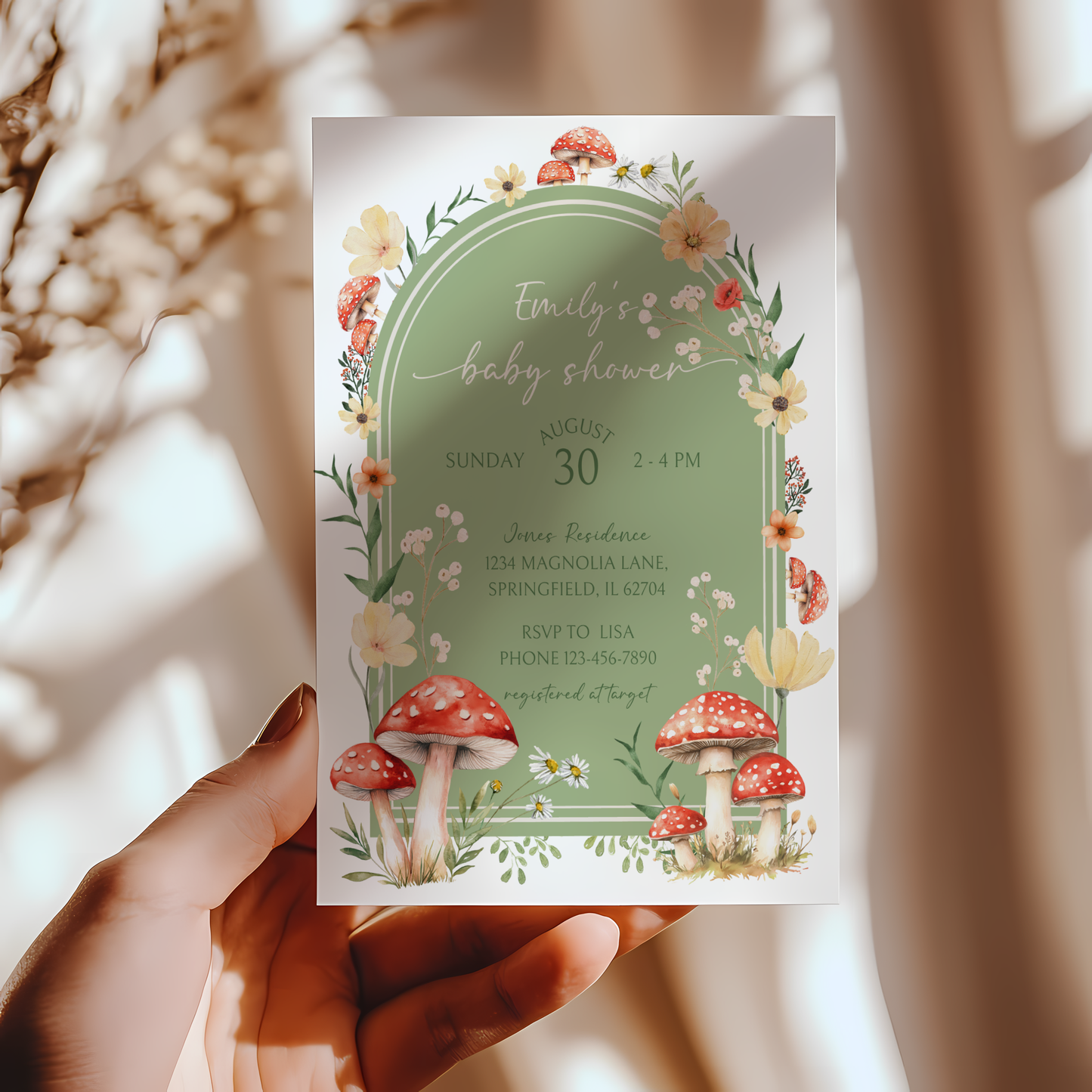 Baby Shower Invitation - Green Mushroom Fungi Fall Woodland Enchanted Forest BS82