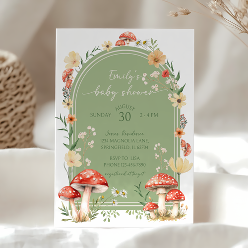 Baby Shower Invitation - Green Mushroom Fungi Fall Woodland Enchanted Forest BS82