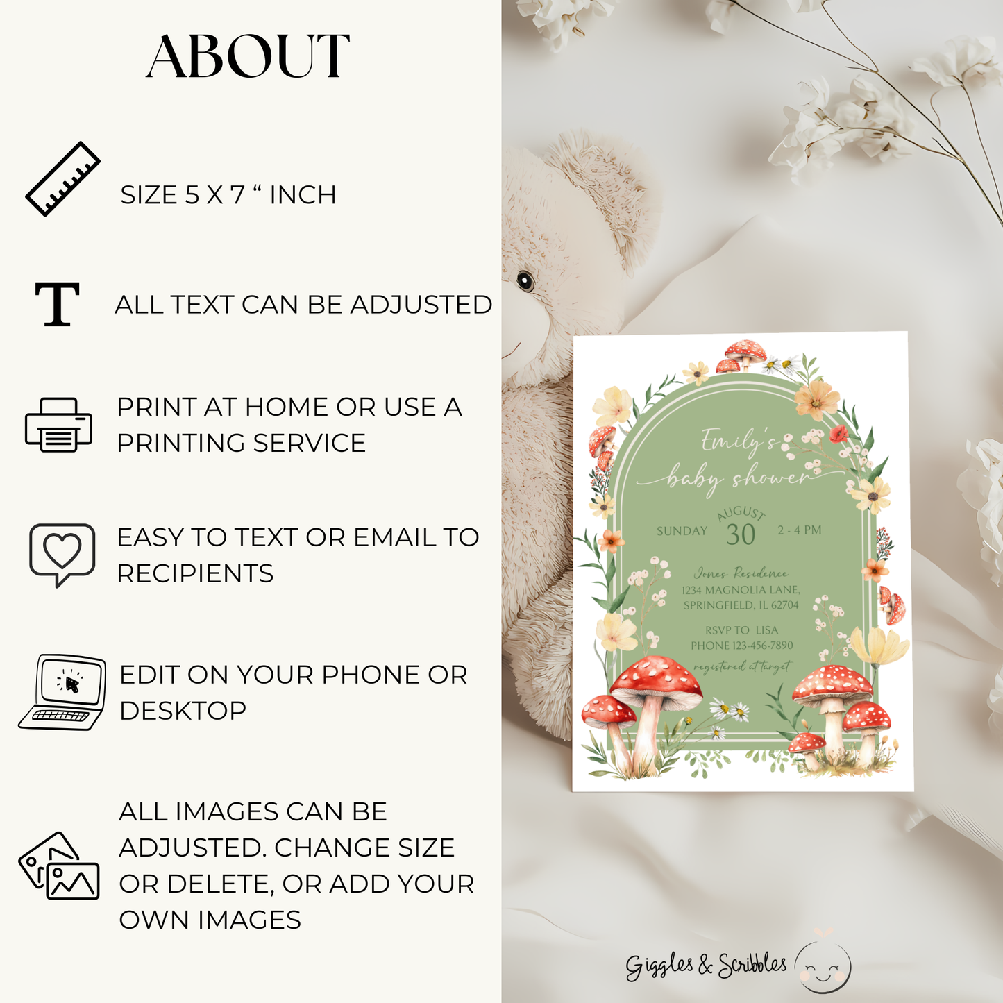 Baby Shower Invitation - Green Mushroom Fungi Fall Woodland Enchanted Forest BS82