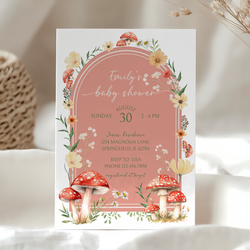Baby Shower Invitation - Red Mushroom Fungi Fall Woodland Enchanted Forest BS82