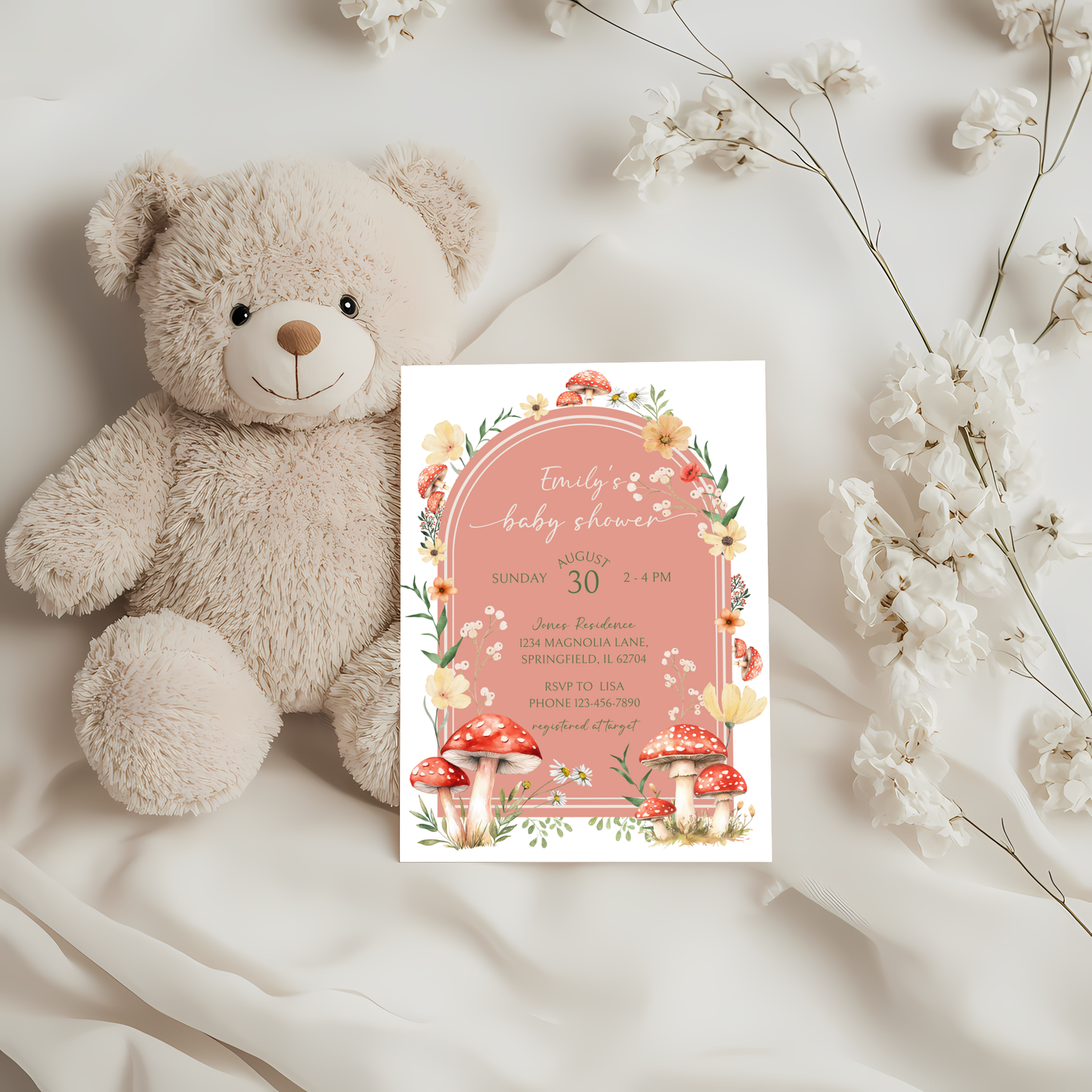 Baby Shower Invitation - Red Mushroom Fungi Fall Woodland Enchanted Forest BS82