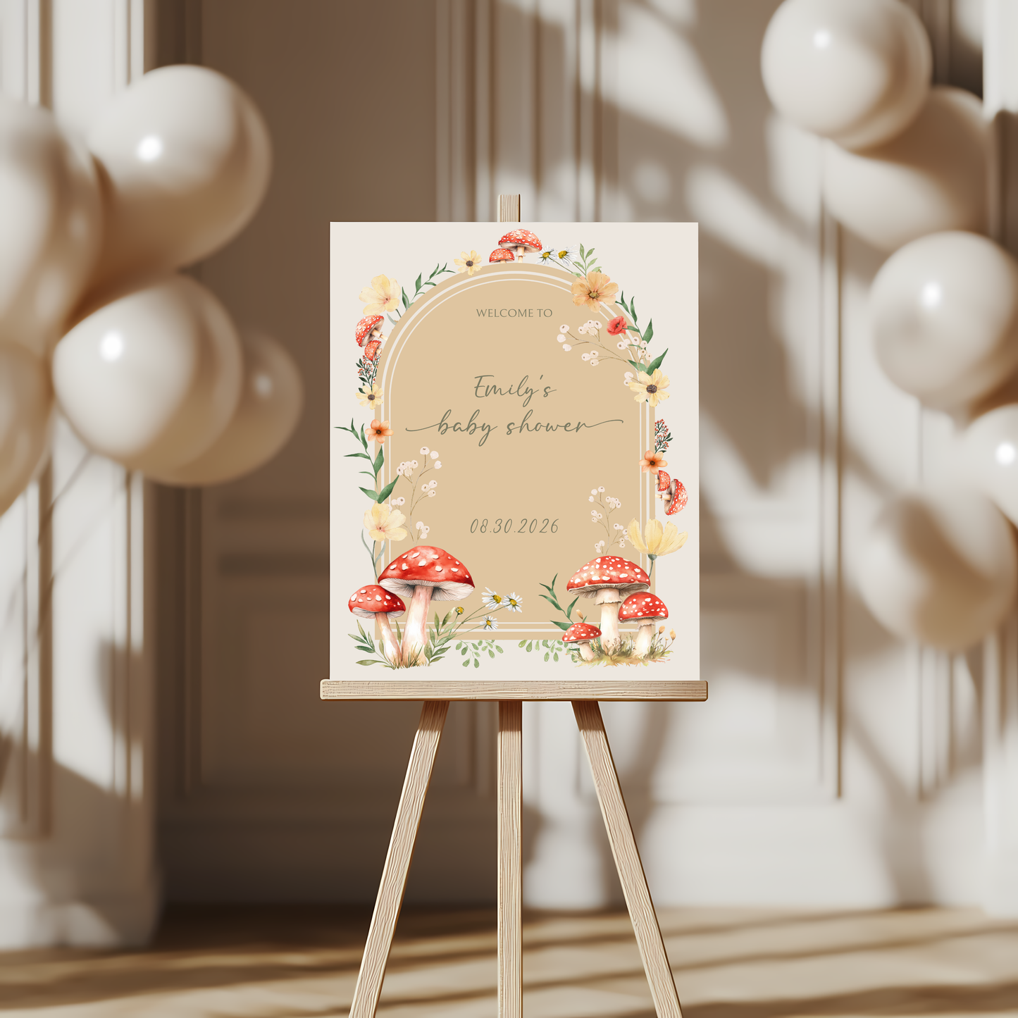 Baby Shower Welcome Sign - Beige Fungi Mushroom Woodland Forest BS82