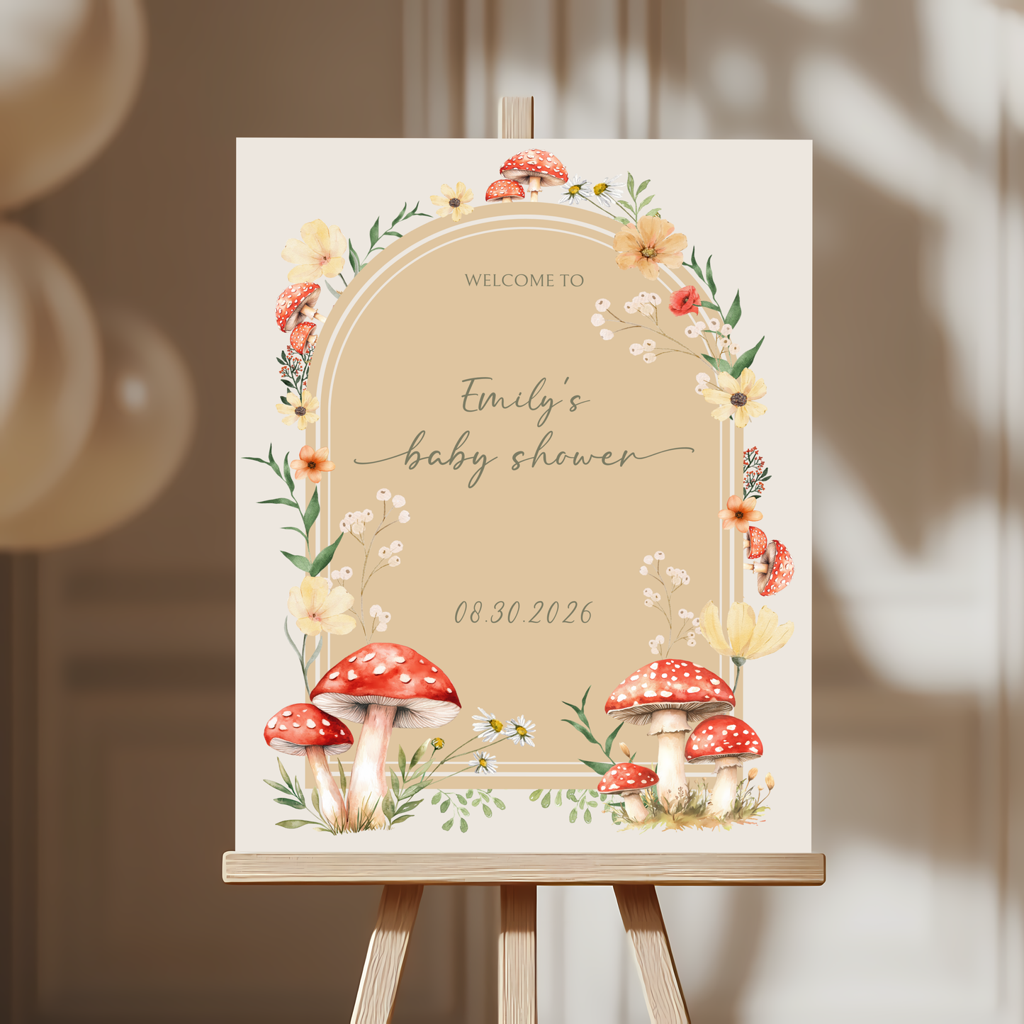 Baby Shower Welcome Sign - Beige Fungi Mushroom Woodland Forest BS82