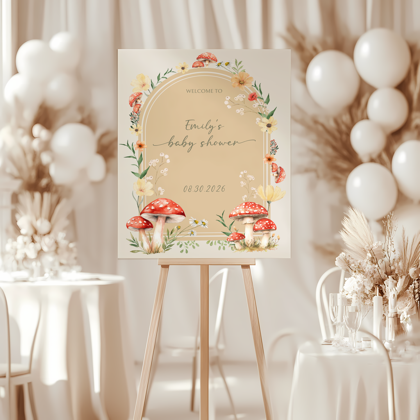 Baby Shower Welcome Sign - Beige Fungi Mushroom Woodland Forest BS82