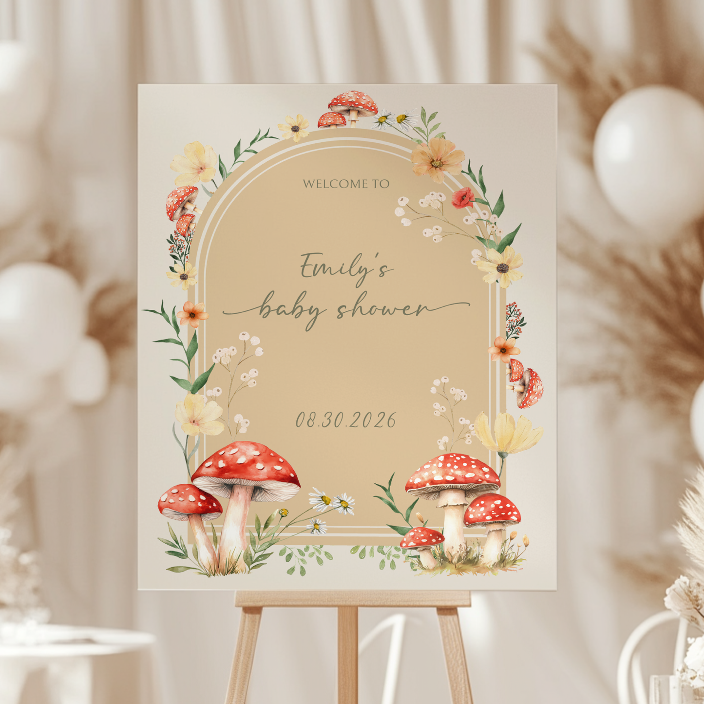 Baby Shower Welcome Sign - Beige Fungi Mushroom Woodland Forest BS82