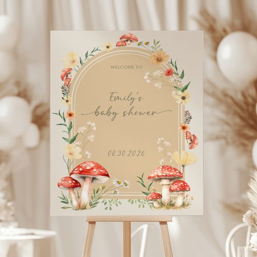 Baby Shower Welcome Sign - Beige Fungi Mushroom Woodland Forest BS82