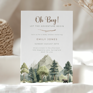 Baby Shower Invitation - Oh Boy Let The Adventure Begin Outdoor Mountain Forest BS199