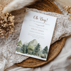 Baby Shower Invitation - Oh Boy Let The Adventure Begin Outdoor Mountain Forest BS199