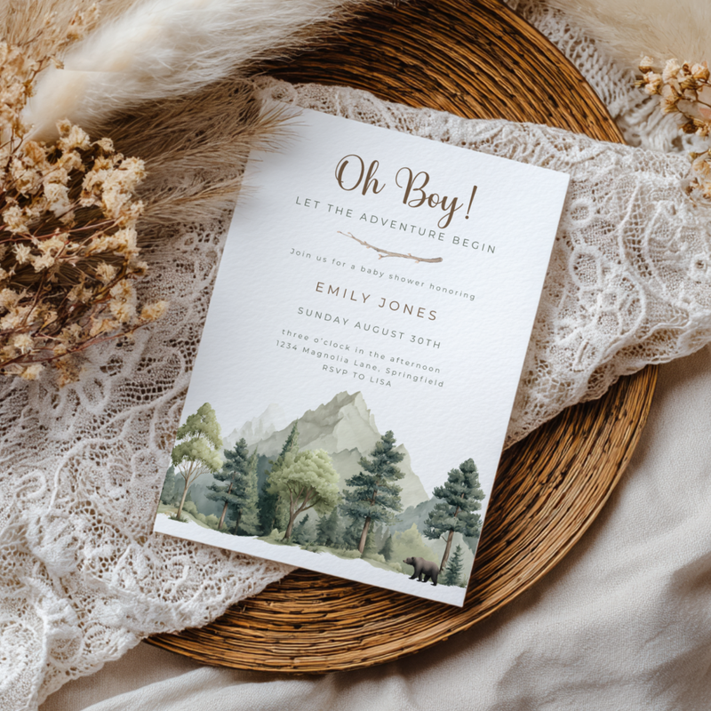 Baby Shower Invitation - Oh Boy Let The Adventure Begin Outdoor Mountain Forest BS199