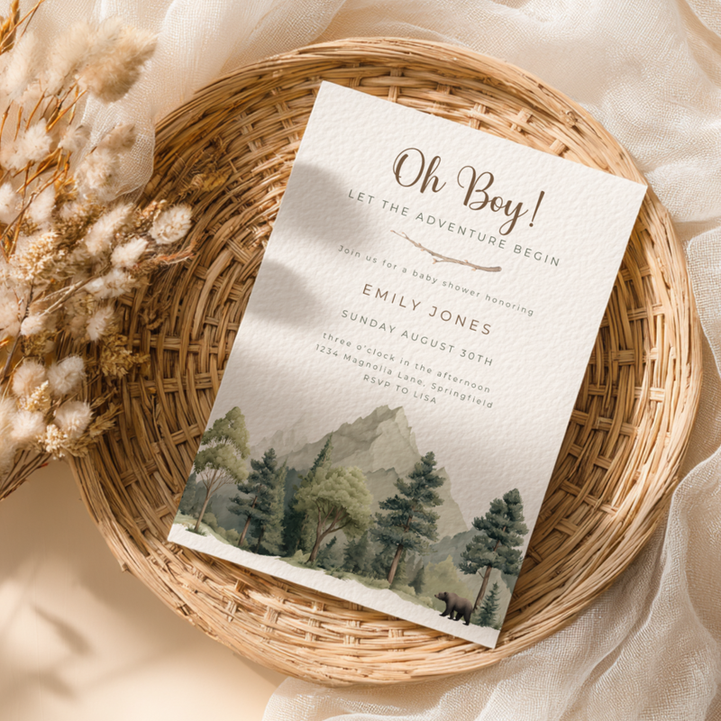 Baby Shower Invitation - Oh Boy Let The Adventure Begin Outdoor Mountain Forest BS199