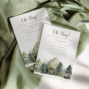 Baby Shower Invitation - Oh Boy Let The Adventure Begin Outdoor Mountain Forest BS199