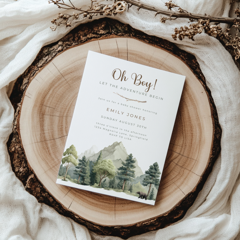 Baby Shower Invitation - Oh Boy Let The Adventure Begin Outdoor Mountain Forest BS199