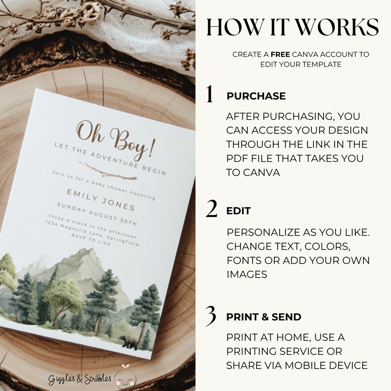 Baby Shower Invitation - Oh Boy Let The Adventure Begin Outdoor Mountain Forest BS199
