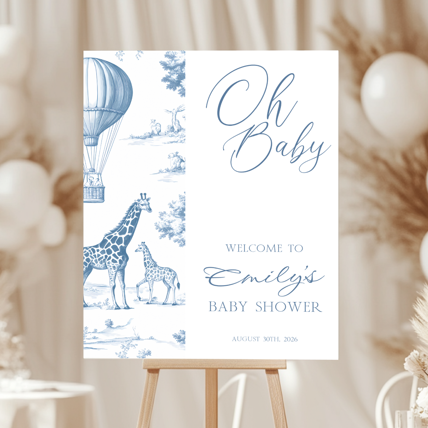 Baby Shower Welcome Sign - Toile Safari Dusty Blue Giraffes Hot Air Balloon BS121