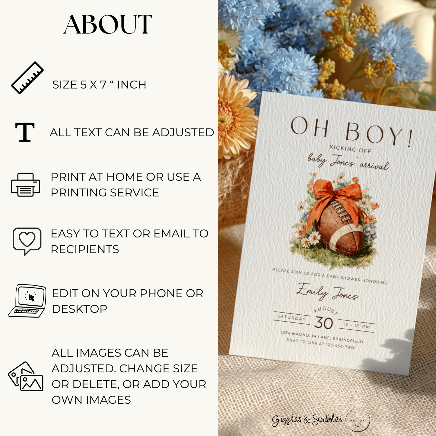 Baby Shower Invitation - Oh Boy Football Touchdown Tailgate BS244