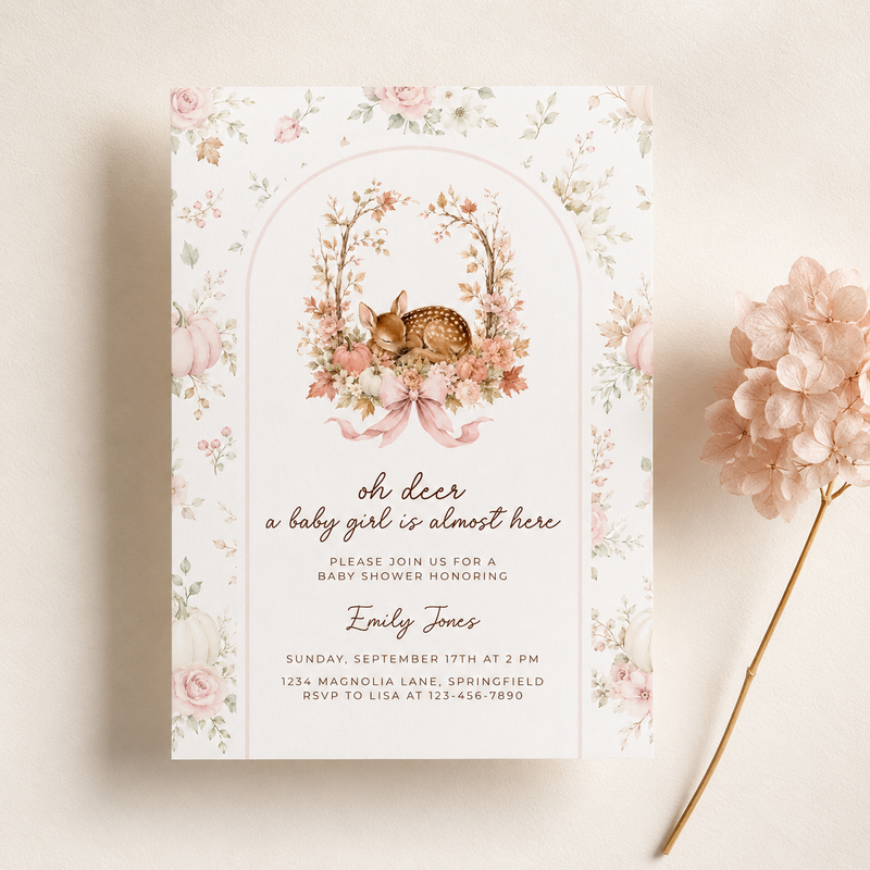 Oh Deer Fall Woodland Baby Shower Invitation for a Baby Girl BS323