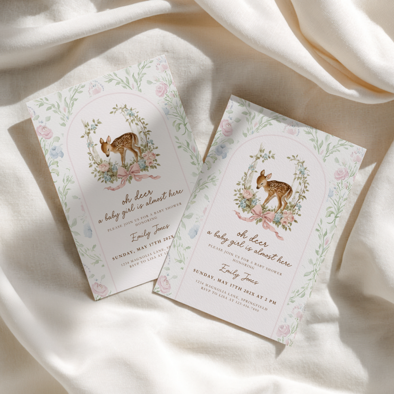 Baby Shower Invitation - Oh Deer Girl Pink Vintage Floral Woodland BS253