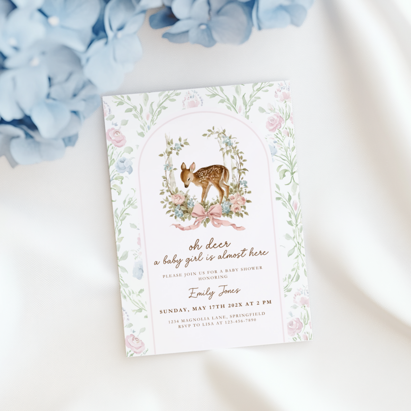 Baby Shower Invitation - Oh Deer Girl Pink Vintage Floral Woodland BS253