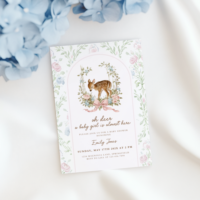 Baby Shower Invitation - Oh Deer Girl Pink Vintage Floral Woodland BS253