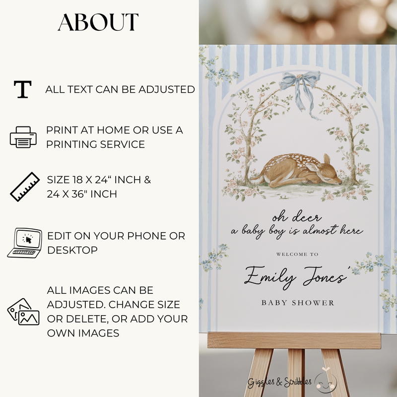 Oh Deer Dusty Blue Baby Shower Welcome Sign BS252