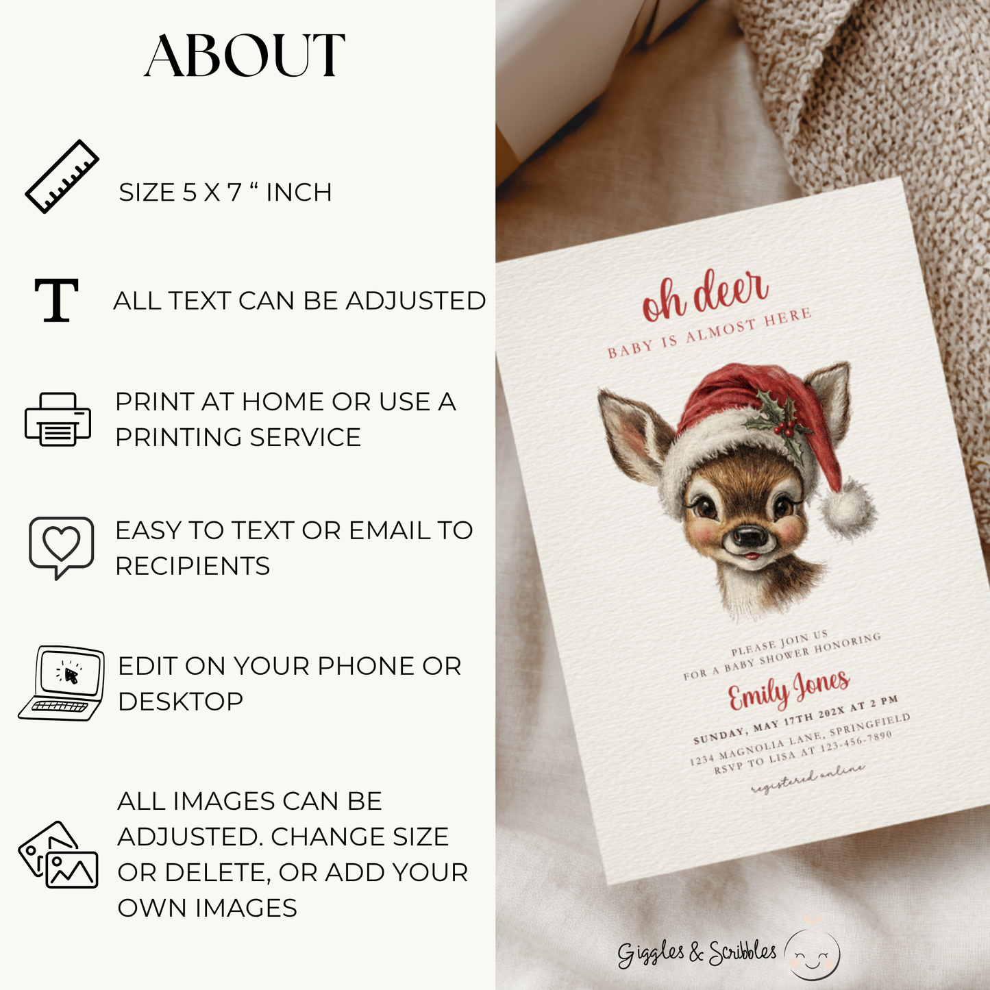 Oh Deer Christmas Baby Shower Invitation Template BS259