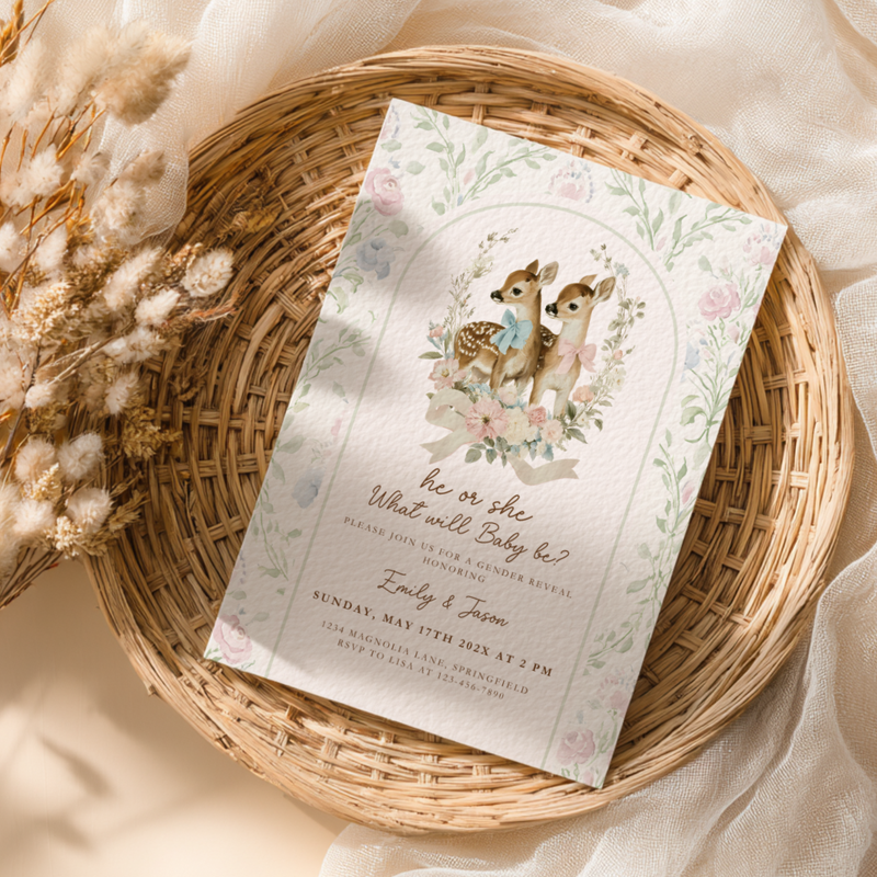 Vintage Fawn Gender Reveal Invitation Template BS261