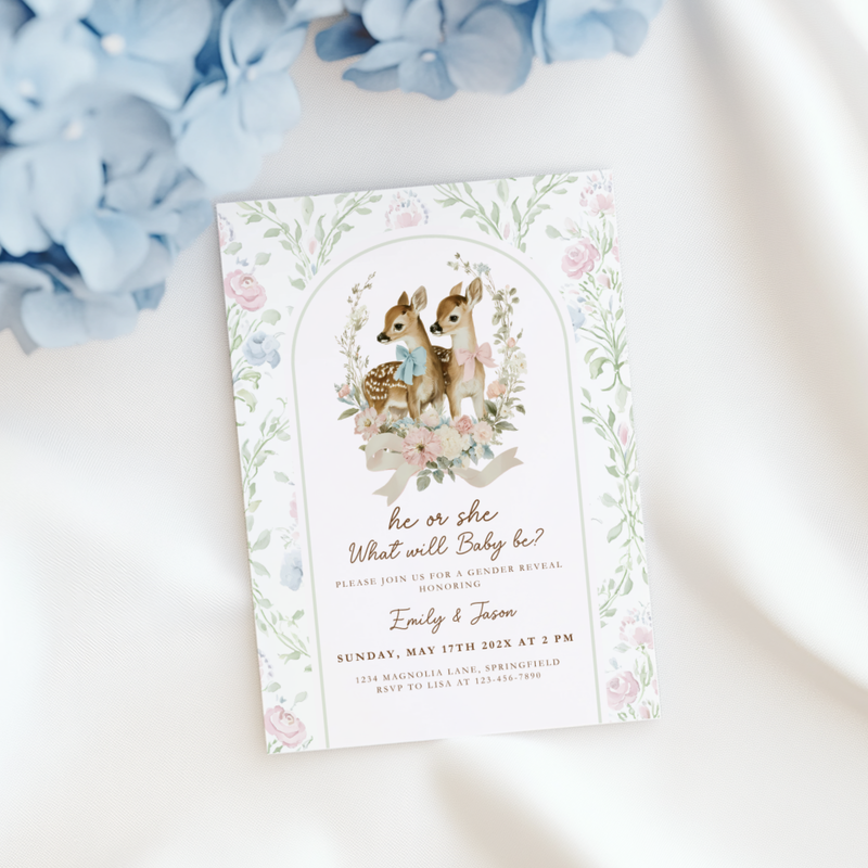Vintage Fawn Gender Reveal Invitation Template BS261