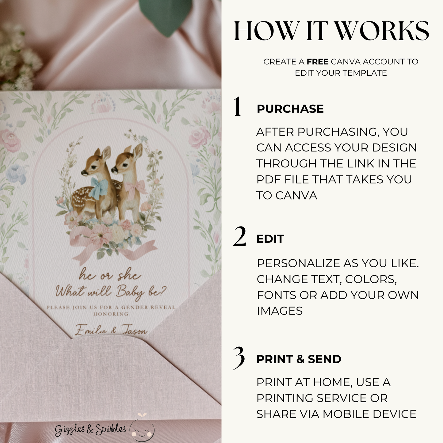 Vintage Fawn Gender Reveal Invitation Template BS261