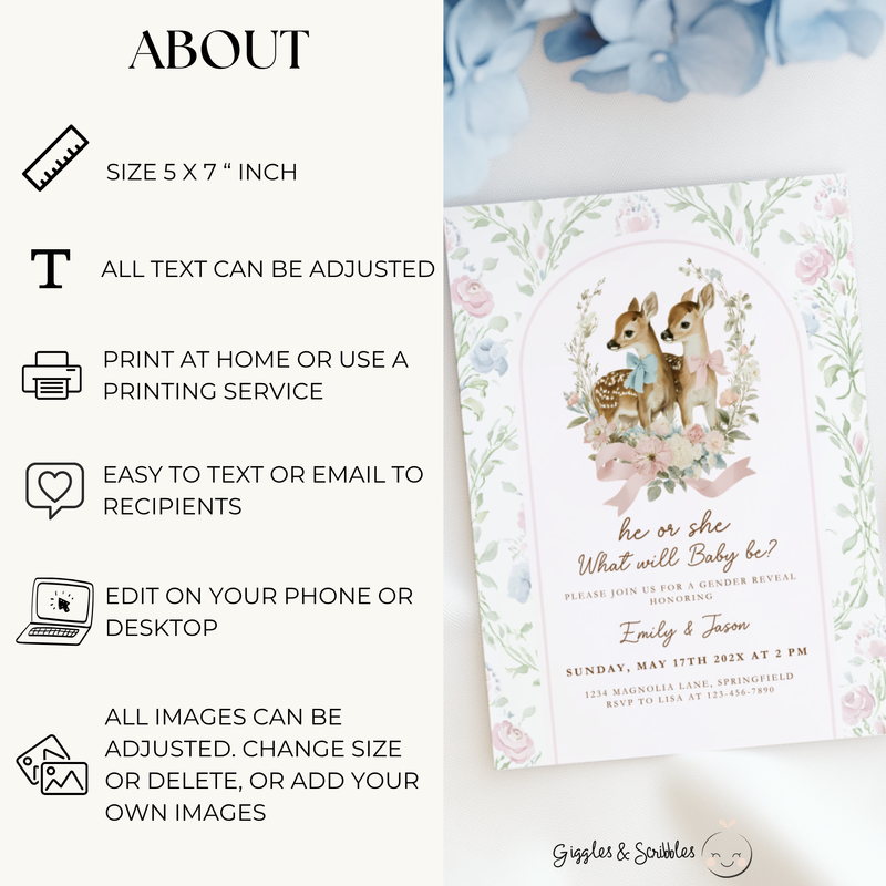 Vintage Fawn Gender Reveal Invitation Template BS261
