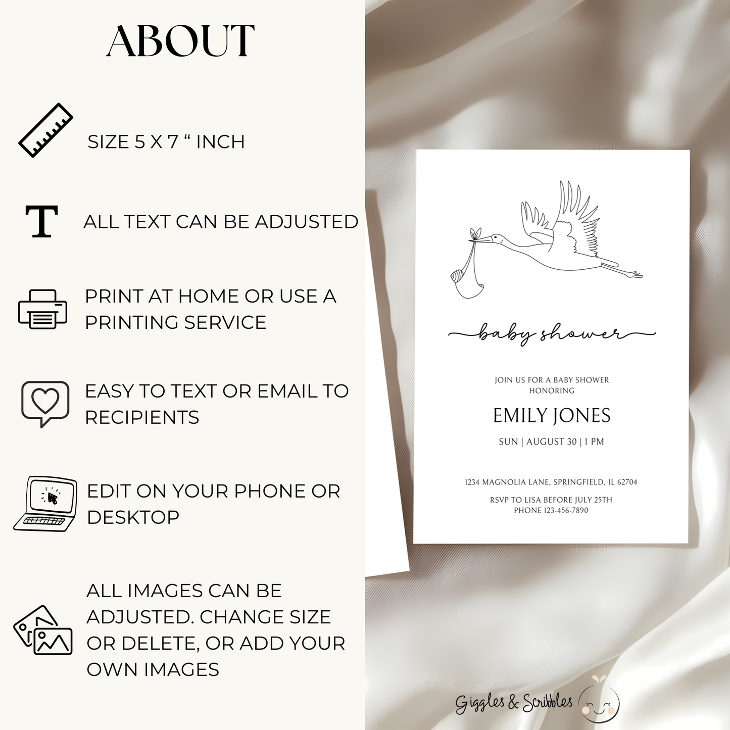 Baby Shower Invitation - Modern One Line Drawing Stork BS108