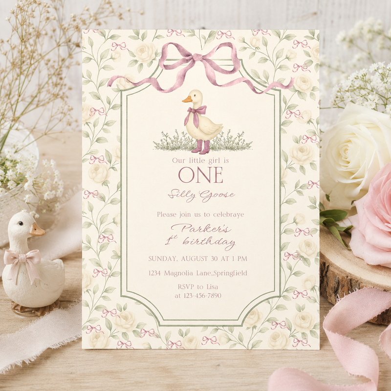 One Little Goose 1st Birthday Invitation – Vintage Silly Goose L138