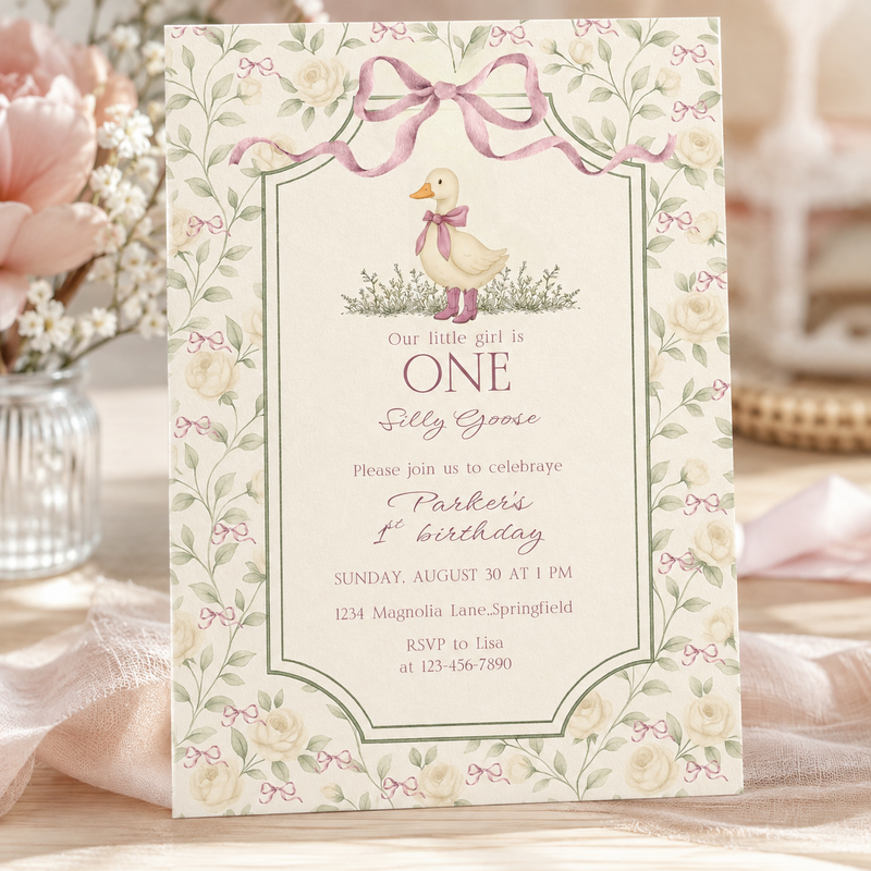 One Little Goose 1st Birthday Invitation – Vintage Silly Goose L138