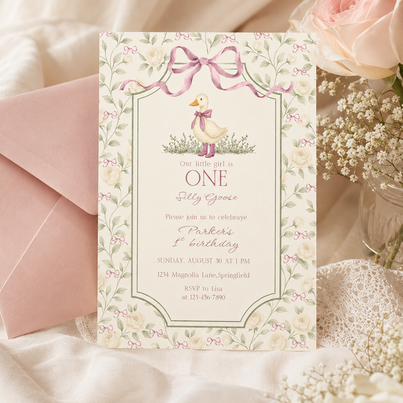 One Little Goose 1st Birthday Invitation – Vintage Silly Goose L138
