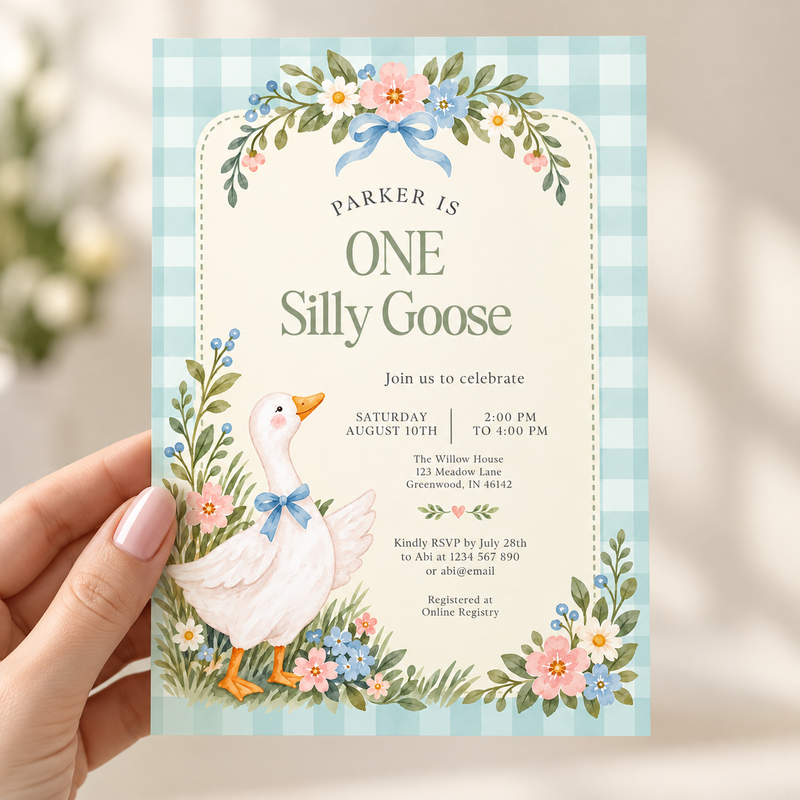 One Silly Goose First Birthday Invitation – Blue Gingham L178