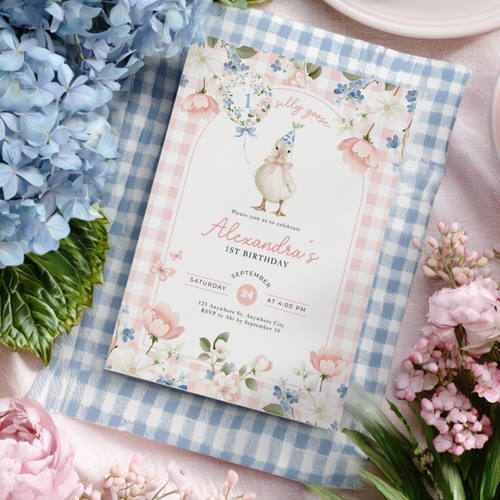 One Silly Goose 1st Birthday Invitation Pink Gingham L92