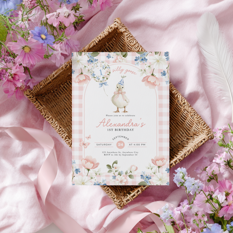 One Silly Goose 1st Birthday Invitation Pink Gingham L92