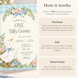 One Silly Goose First Birthday Invitation – Blue Gingham L178