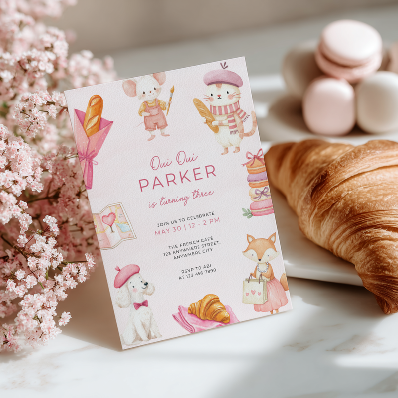 Oui Oui Turning Three Parisian Animals Birthday Invitation L120