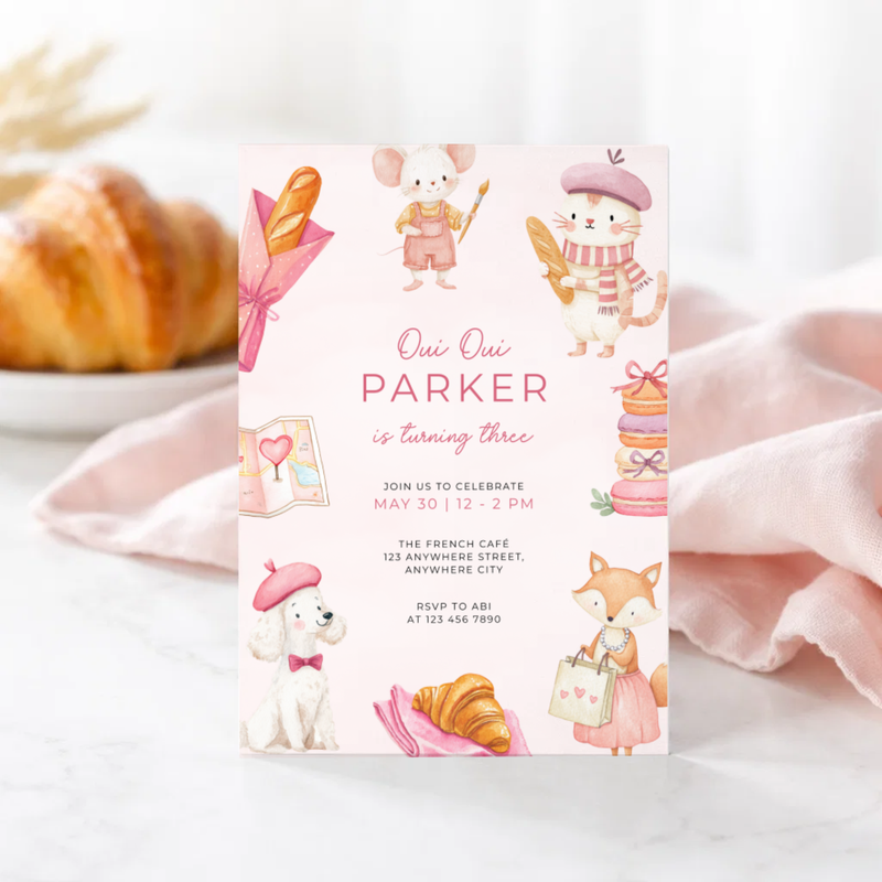 Oui Oui Turning Three Parisian Animals Birthday Invitation L120