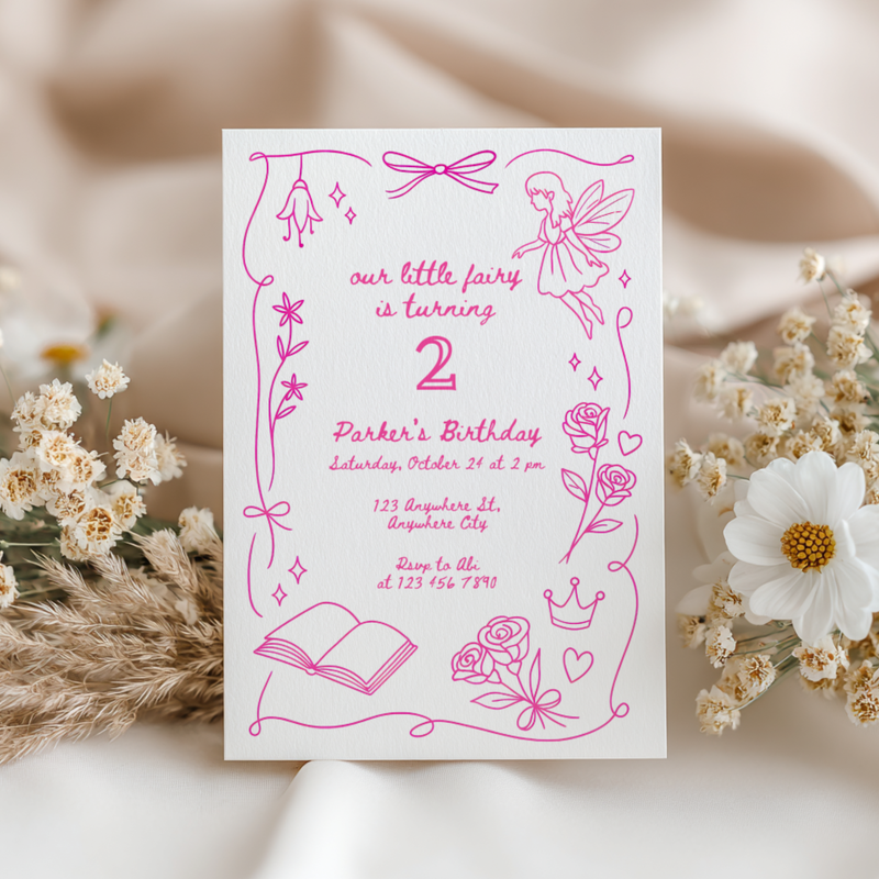 Our Little Fairy Birthday Invitation Hand Drawn L84