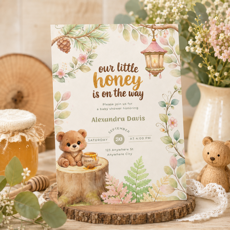 Our Little Honey Is On The Way Woodland Baby Shower Invitation L151