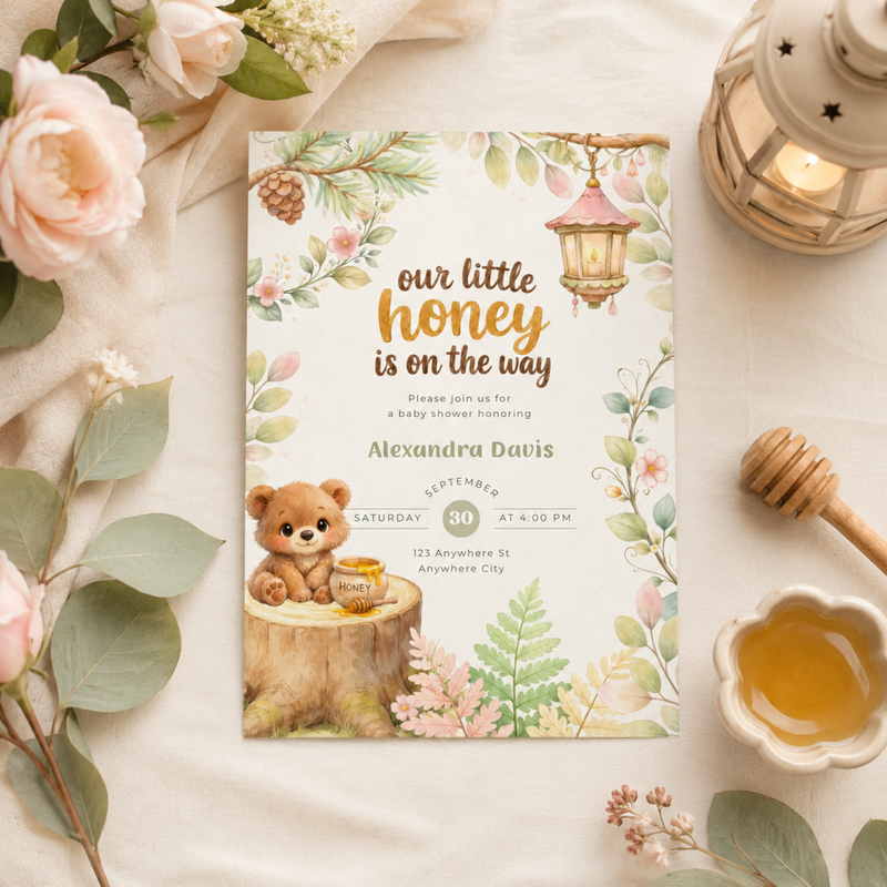 Our Little Honey Is On The Way Woodland Baby Shower Invitation L151