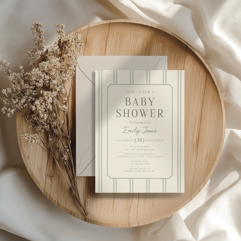 Sage Green Striped Baby Shower Invitation BS275