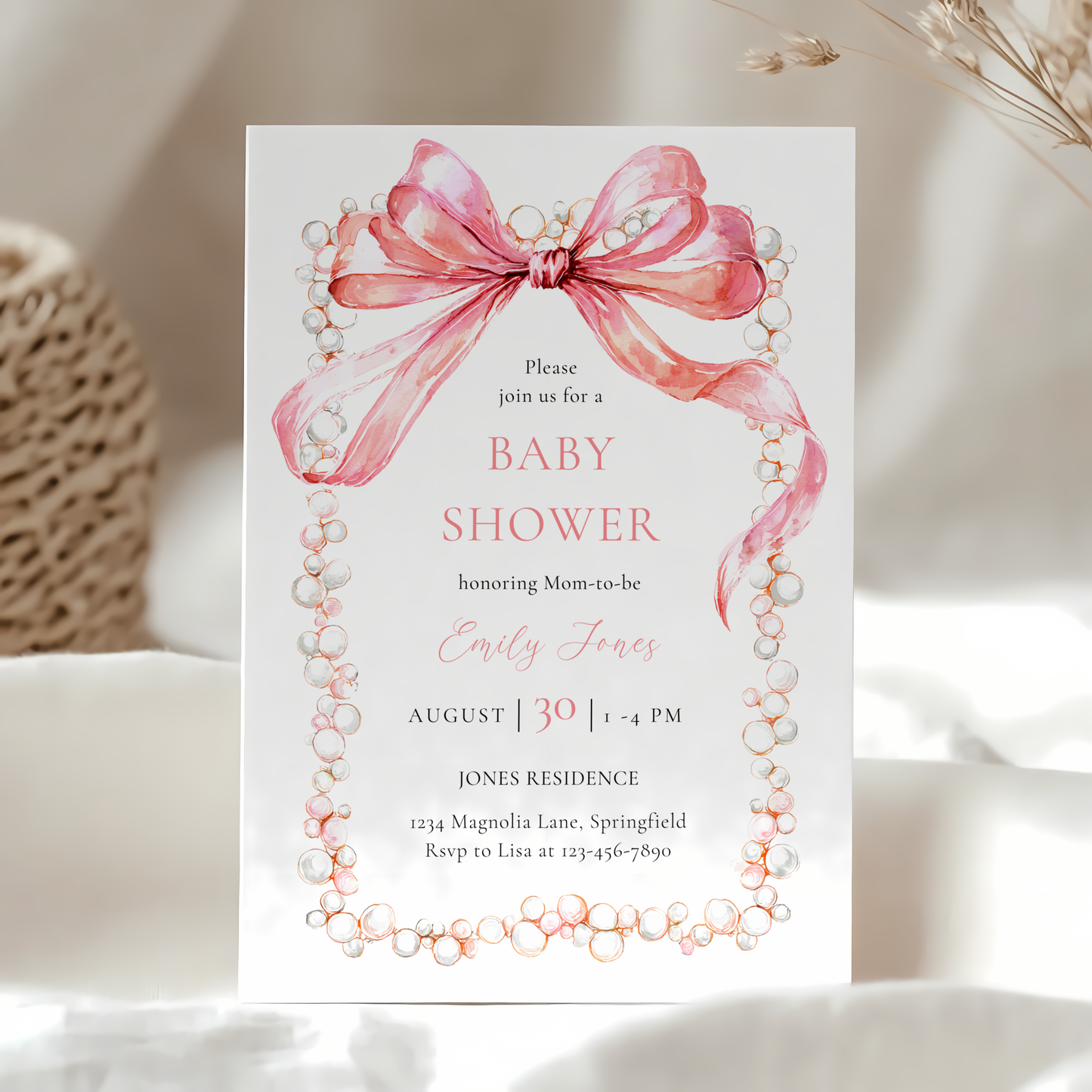 Baby Shower Invitation - Coquette Bow with Pearls Vintage Luxury BS163