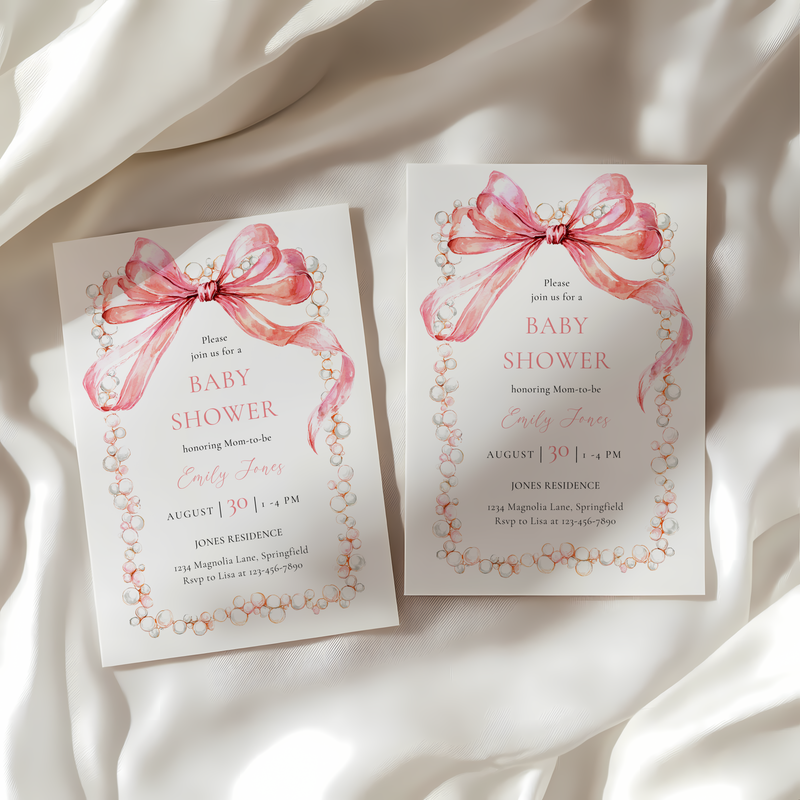 Baby Shower Invitation - Coquette Bow with Pearls Vintage Luxury BS163