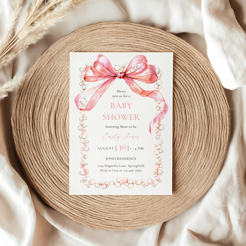 Baby Shower Invitation - Coquette Bow with Pearls Vintage Luxury BS163