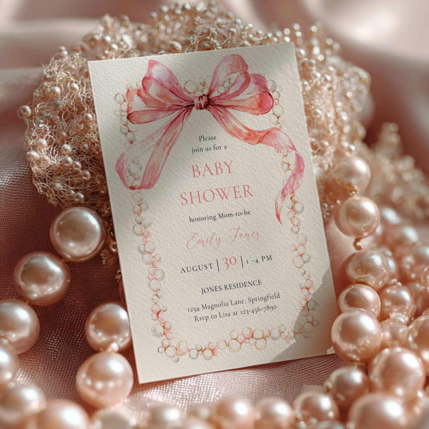 Baby Shower Invitation - Coquette Bow with Pearls Vintage Luxury BS163