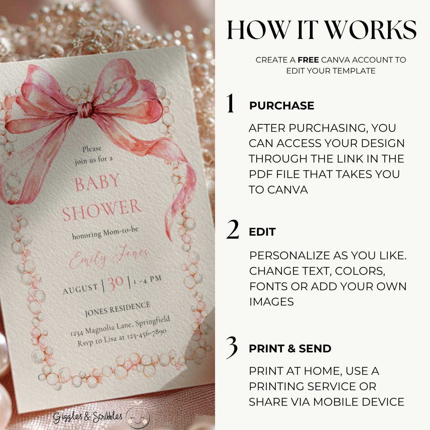 Baby Shower Invitation - Coquette Bow with Pearls Vintage Luxury BS163