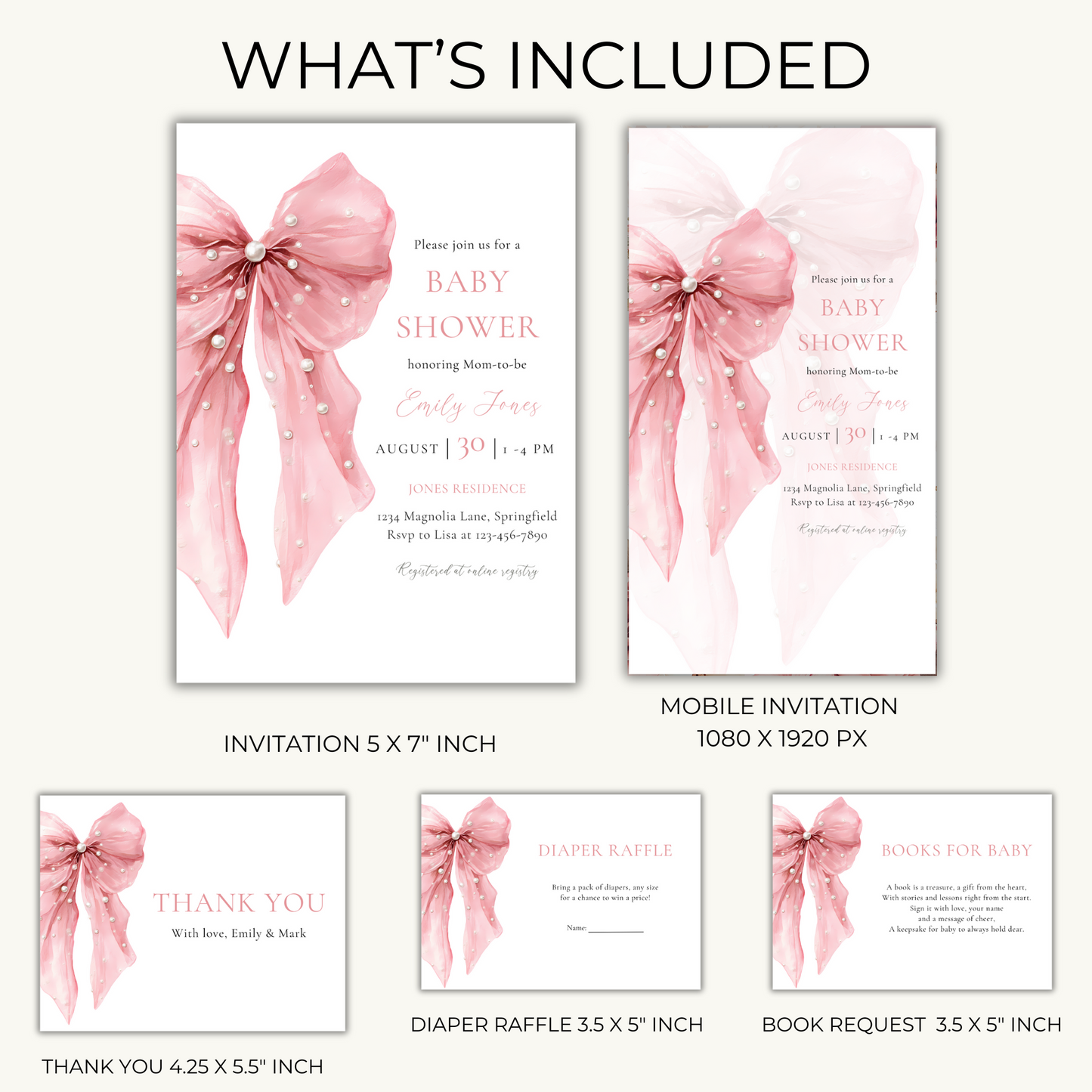 Baby Shower Invitation Bundle - Pink Bow & Pearls Coquette Elegant BS164