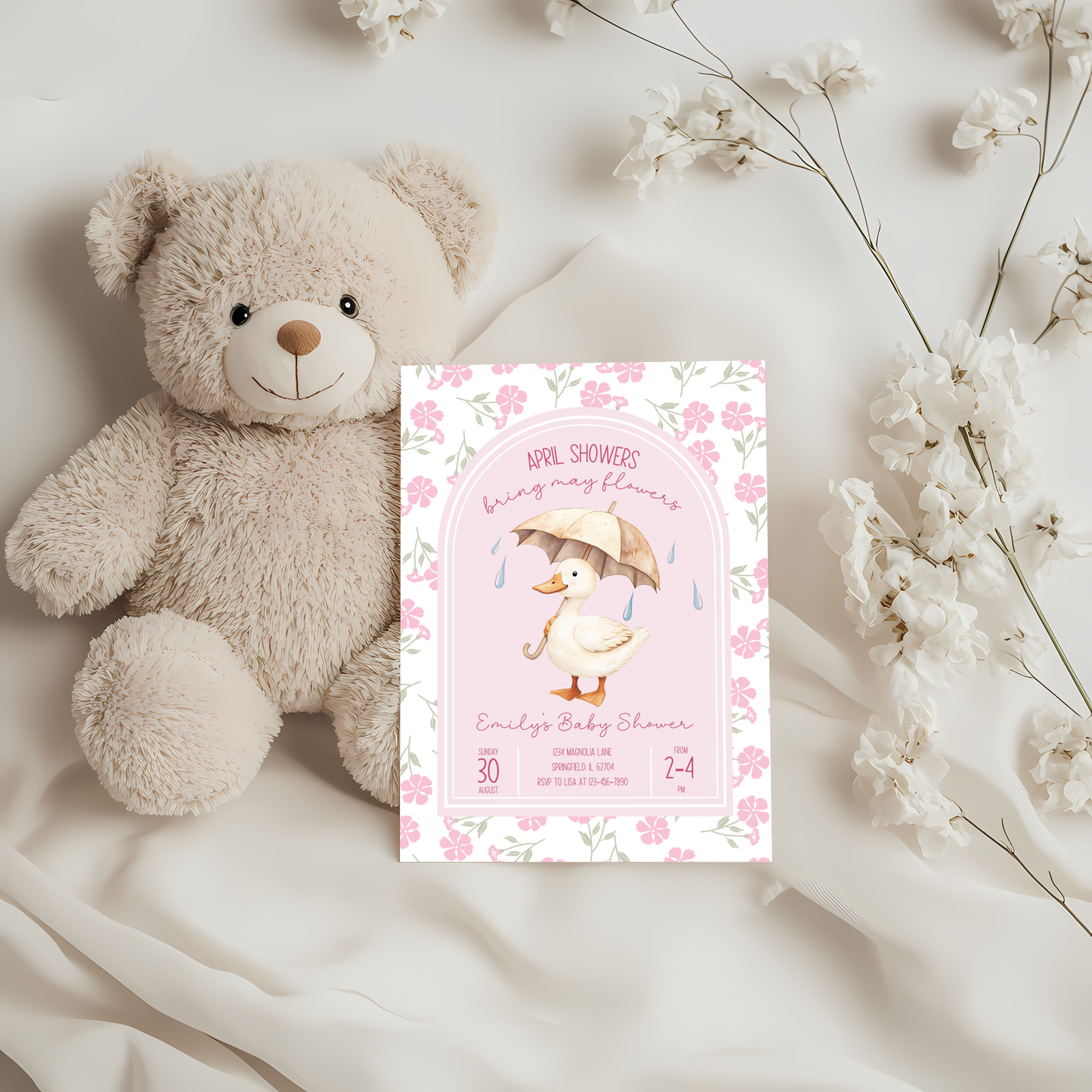Baby Shower Invitation - Pink April Showers Bring May Flowers with Goose BS87
